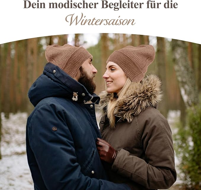 Cappello berretto in cashmere a coste con risvolto marrone 
