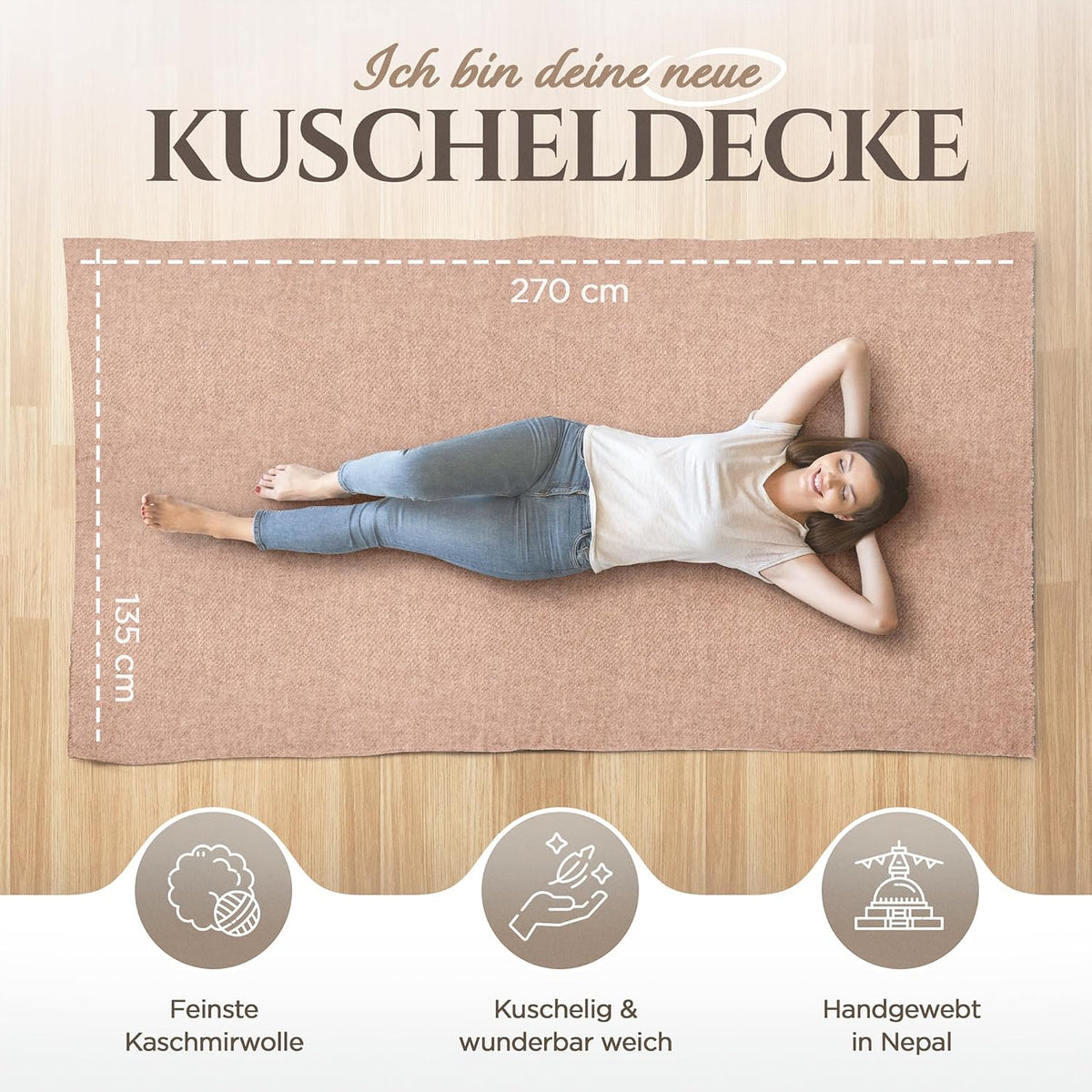 Coperta in cashmere marrone tinta unita
