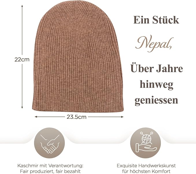 Cappello berretto in cashmere a coste con risvolto marrone 