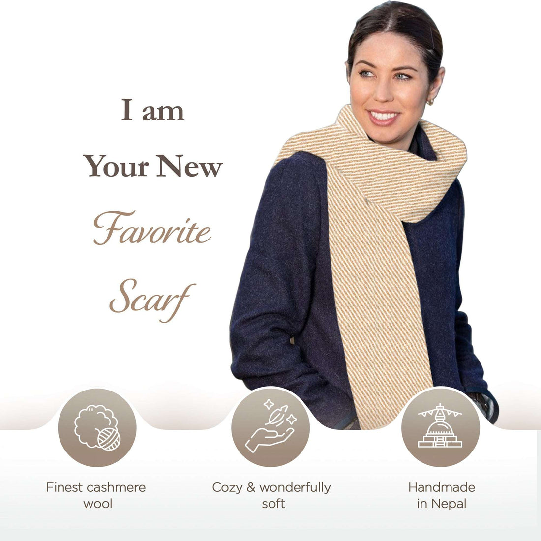 Sciarpa in cashmere marrone chiaro con fantasia a righe