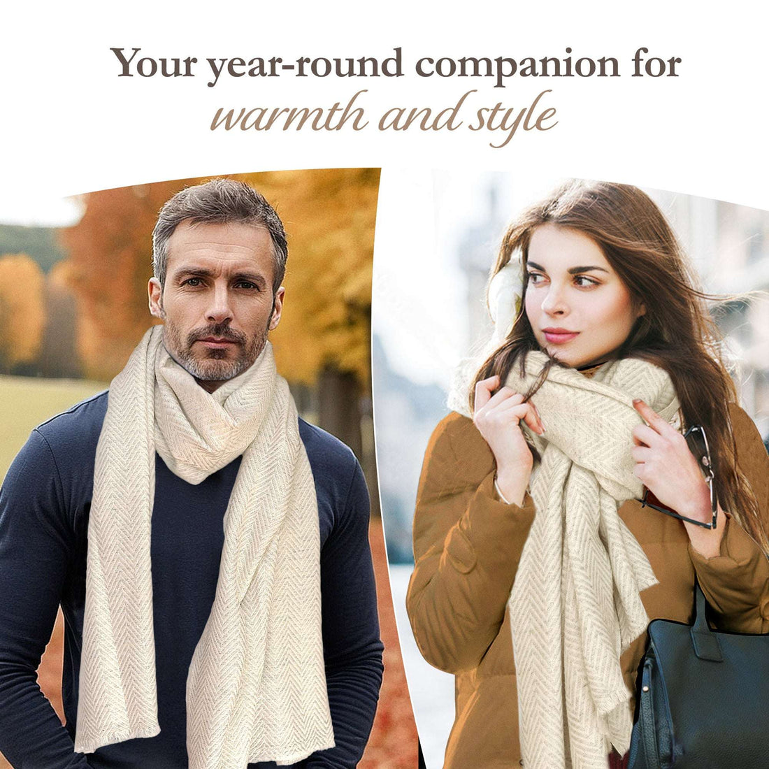 Sciarpa in cashmere bianco-grigio con motivo spinato di media grandezza