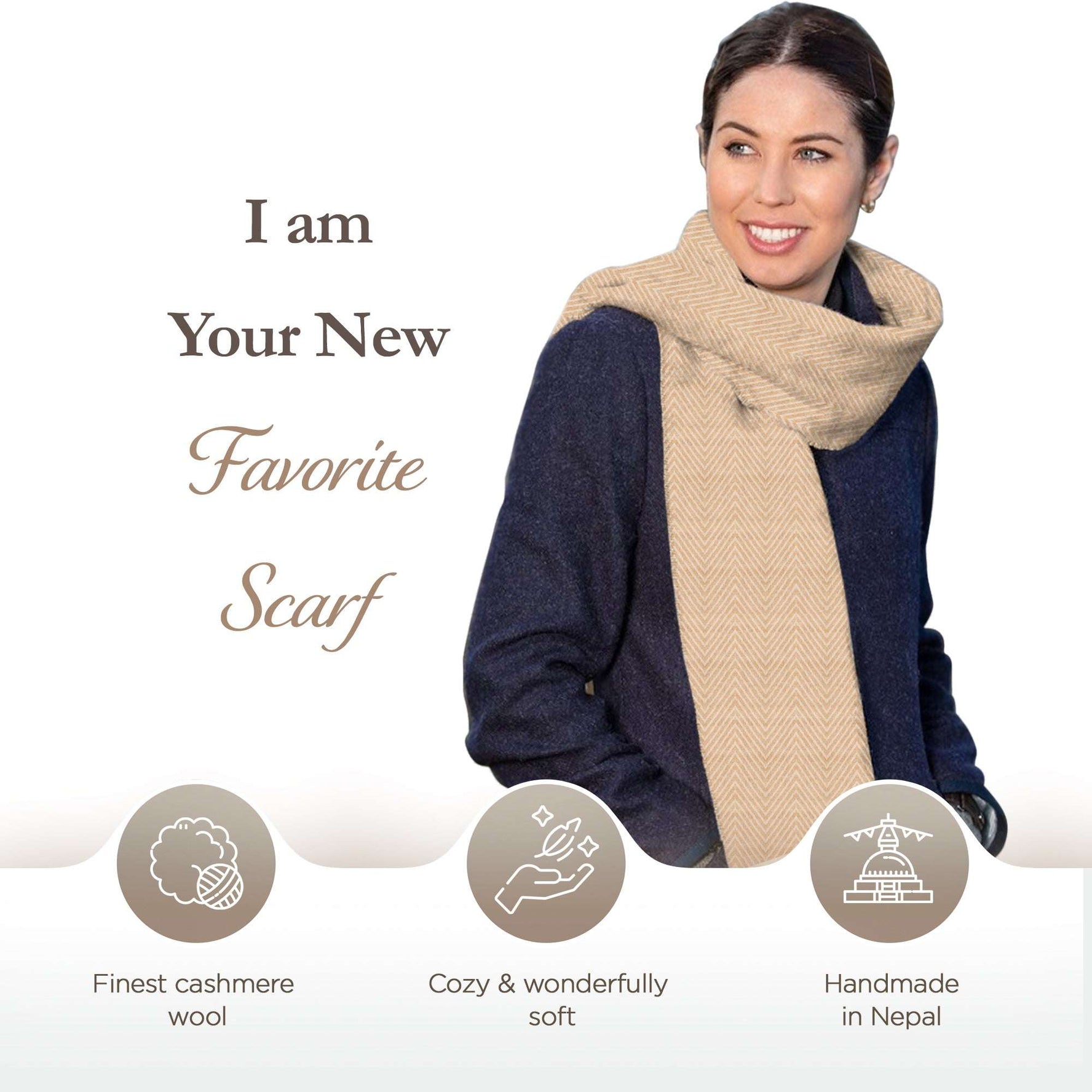 Sciarpa in cashmere beige dorato con motivo spinato medio