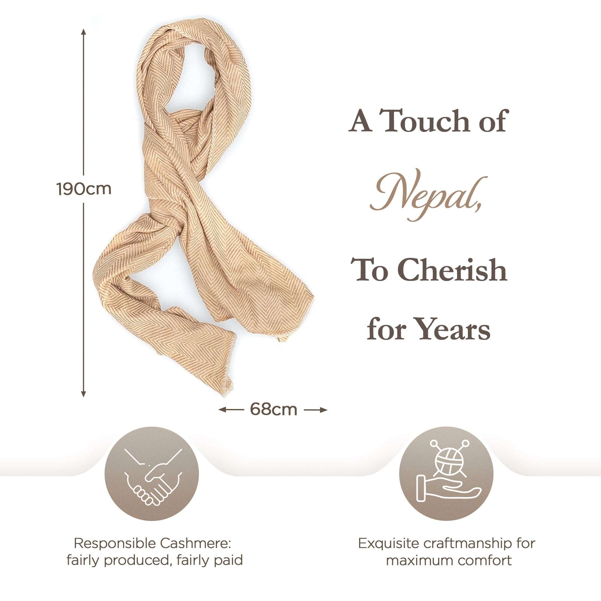 Das Bild zeigt einen goldbeigen Kaschmirschal mit mittelgroßem Fischgrätenmuster, ausgebreitet und locker gelegt. Links wird die Länge von 190 cm und unten die Breite von 68 cm angezeigt. Rechts steht der Schriftzug „A Touch of Nepal, To Cherish for Years“. Unten sind zwei Symbole: ein Händedruck für „Responsible Cashmere: fairly produced, fairly paid“ und eine stilisierte Hand mit Wollknäuel für „Exquisite craftmanship for maximum comfort“. Der Hintergrund ist weiß.