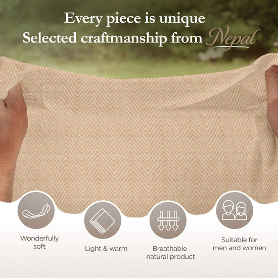 Zwei Hände halten einen goldbeigen Stoff mit mittelgroßem Fischgrätenmuster, im Hintergrund grüne Natur. Oben englischer Text, unten vier Icons mit kurzen Produktbeschreibungen.