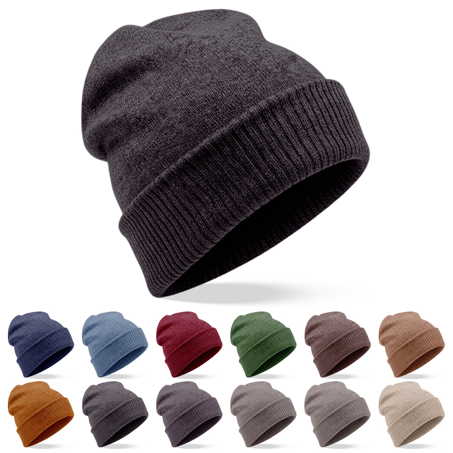 Cappello berretto in cashmere liscio con polsino a coste nero 