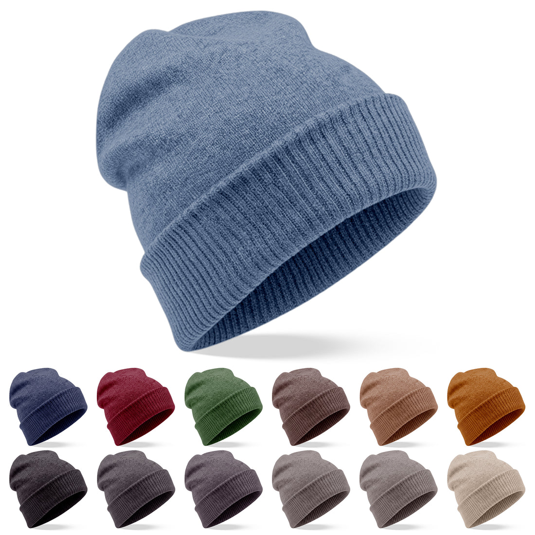 Cappello berretto in cashmere liscio con polsino a coste blu 