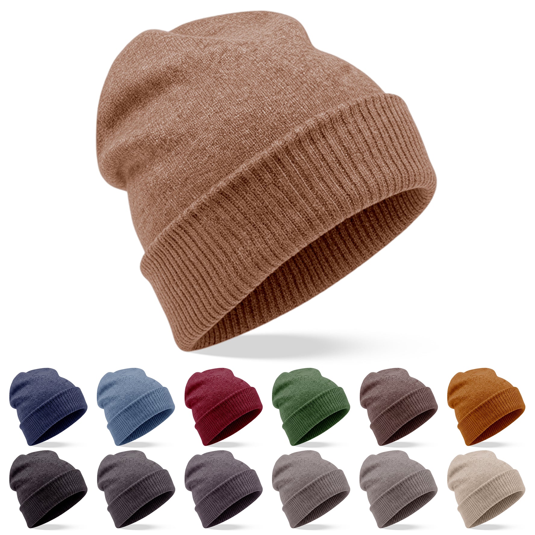 Cappello berretto in cashmere liscio con polsino a coste marrone 