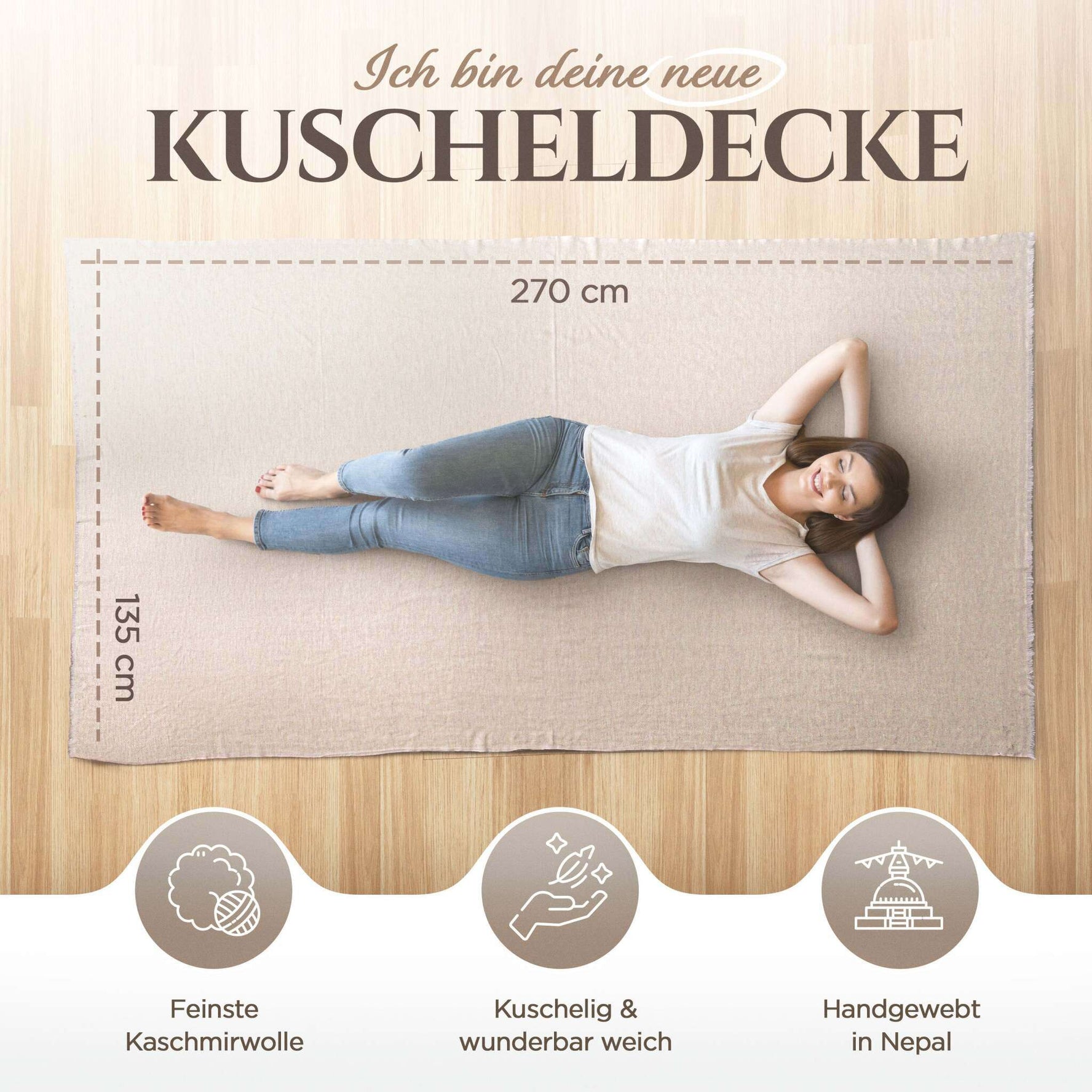 Coperta in cashmere beige con pregiato motivo a spina di pesce