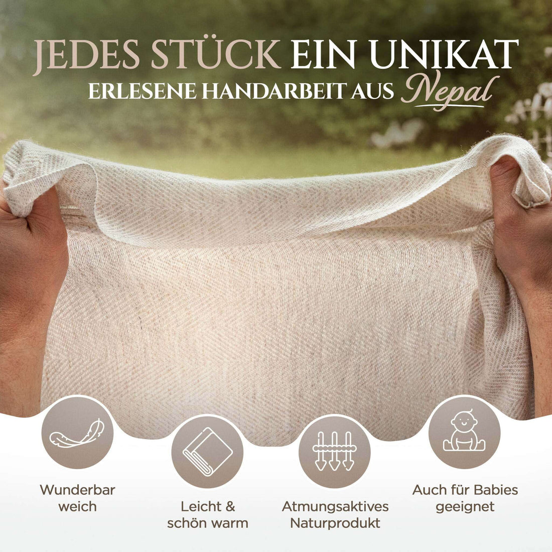 Coperta in cashmere beige con pregiato motivo a spina di pesce