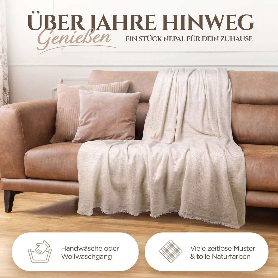 Coperta in cashmere beige con pregiato motivo a spina di pesce