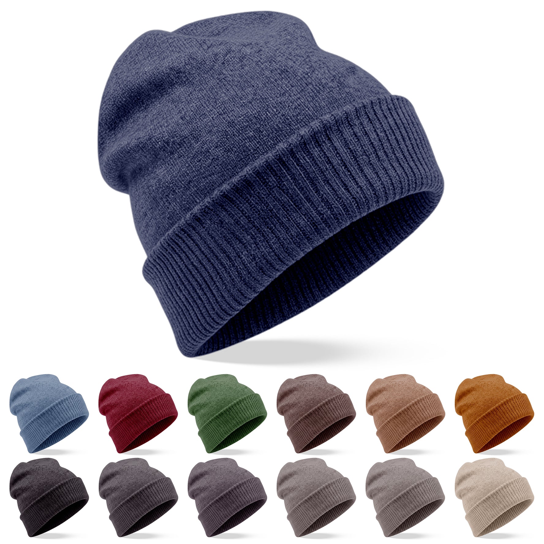 Cappello berretto in cashmere liscio con polsino a coste blu scuro 