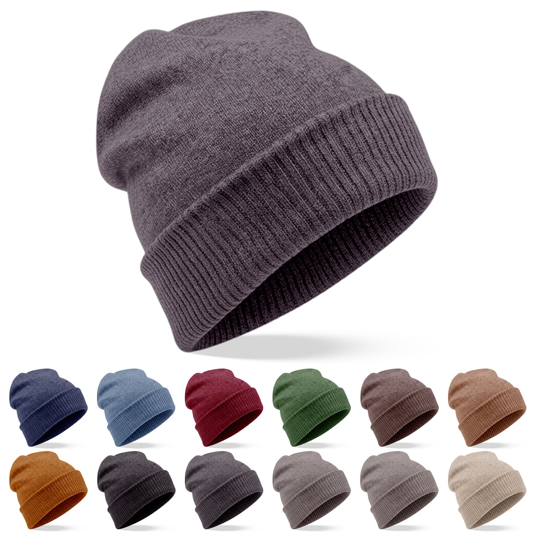 Cappello berretto in cashmere liscio con polsino a coste grigio scuro 