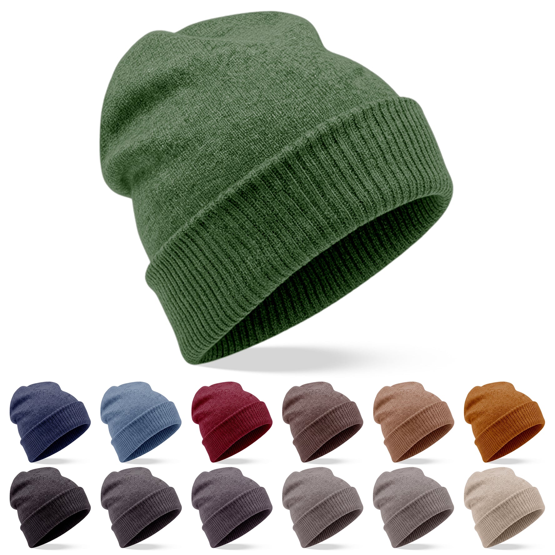 Cappello berretto in cashmere liscio con polsino a coste verde scuro 