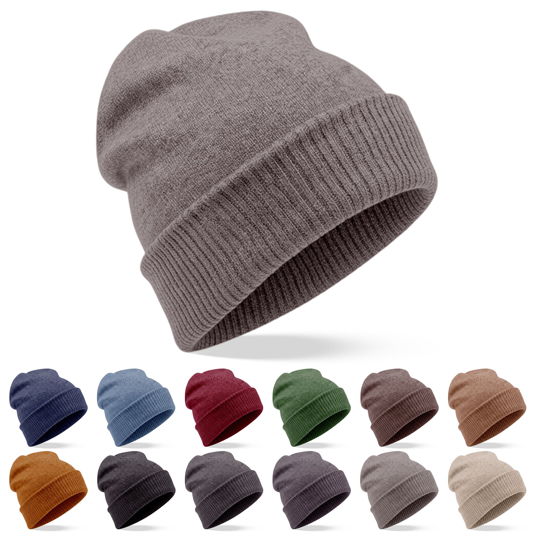 Cappello berretto in cashmere liscio con polsino a coste grigio 
