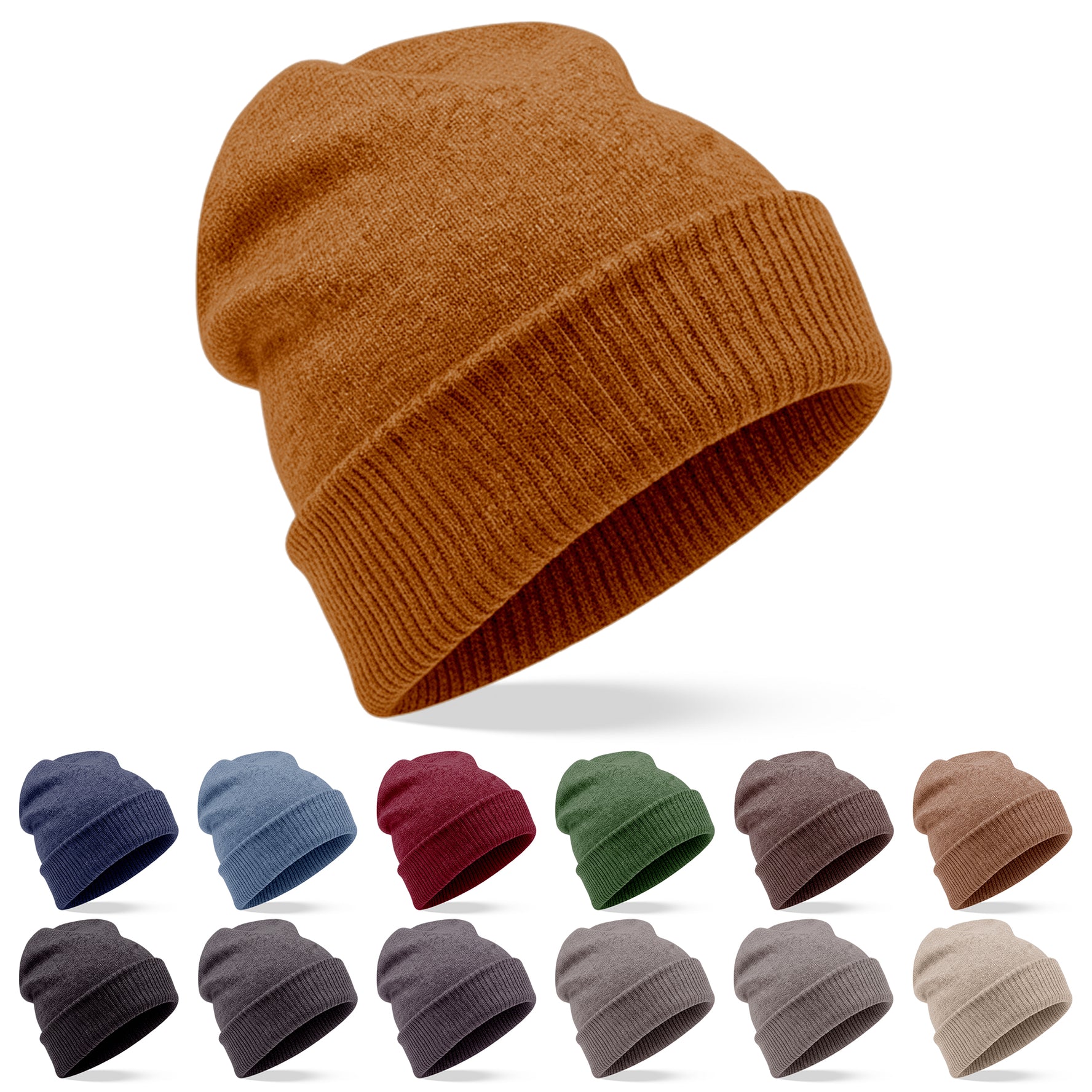 Cappello berretto in cashmere liscio con polsino a coste marrone chiaro 