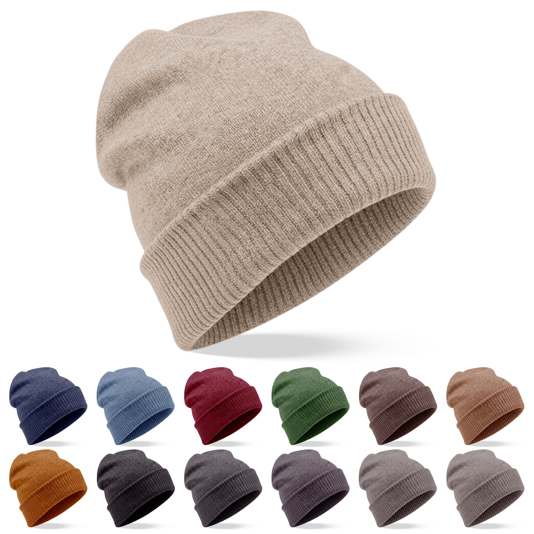 Cappello berretto in cashmere liscio con polsino a coste bianco grigio 